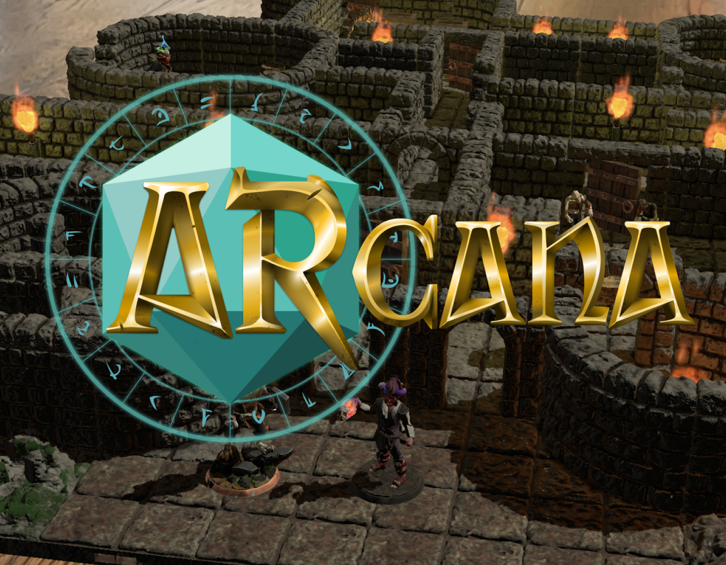 The ARcana logo with the words "ARcana" in gold lettering over a teal 20 sided die. This logo is overlaying a digital table top game map of a castle. 